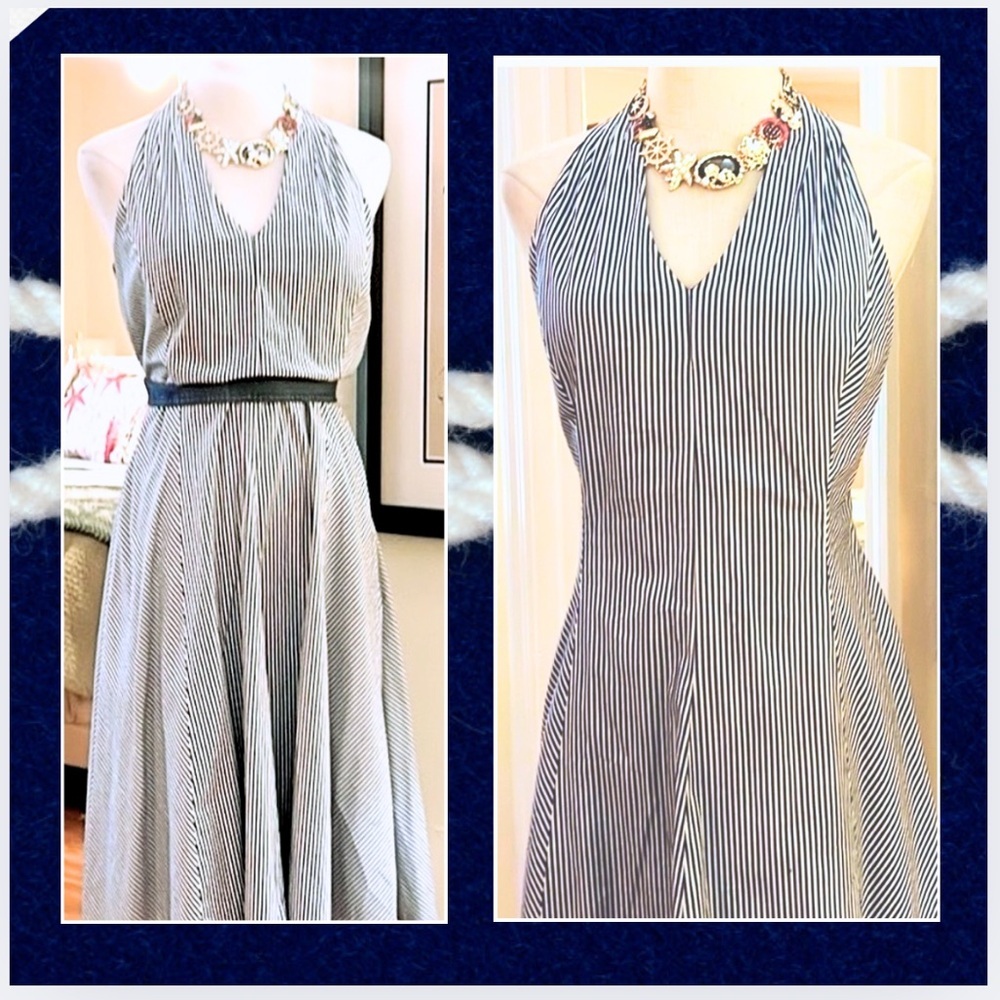 Talbots,Blue Striped Halter Sleeveless Fit & Flare Dress,Side Pockets Zip 6 (P)